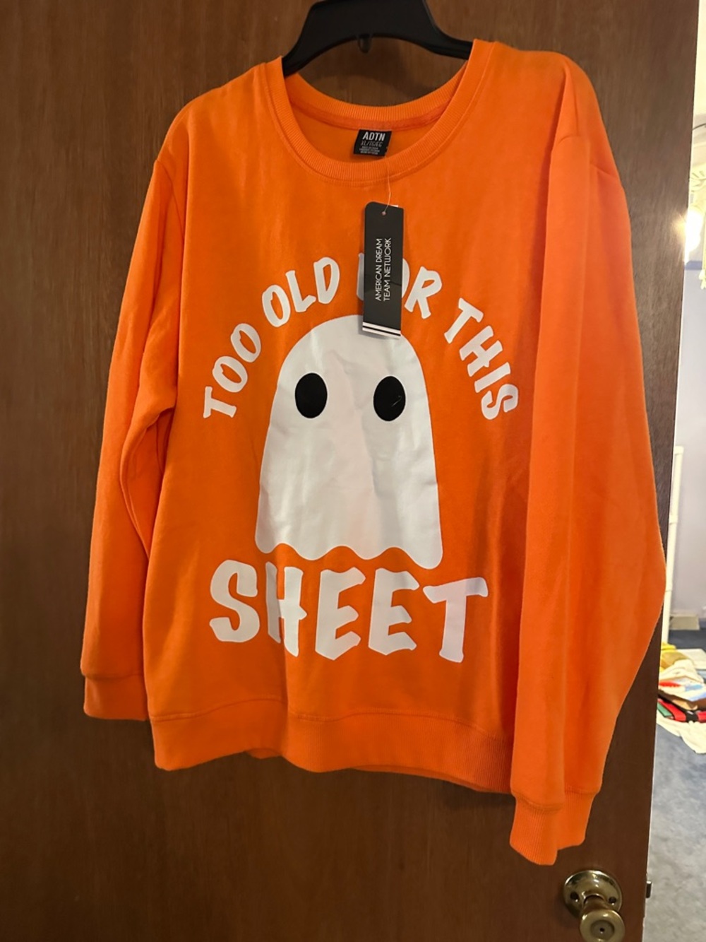 ADT Bright Orange Adult Graphic Sweatshirt with White Ghost NEW with tag